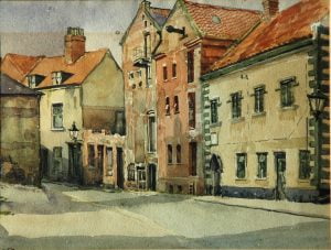 Caskgate Street showing Old Inn Newcastle Arms 1950 - Karl Wood Art Town Trail
