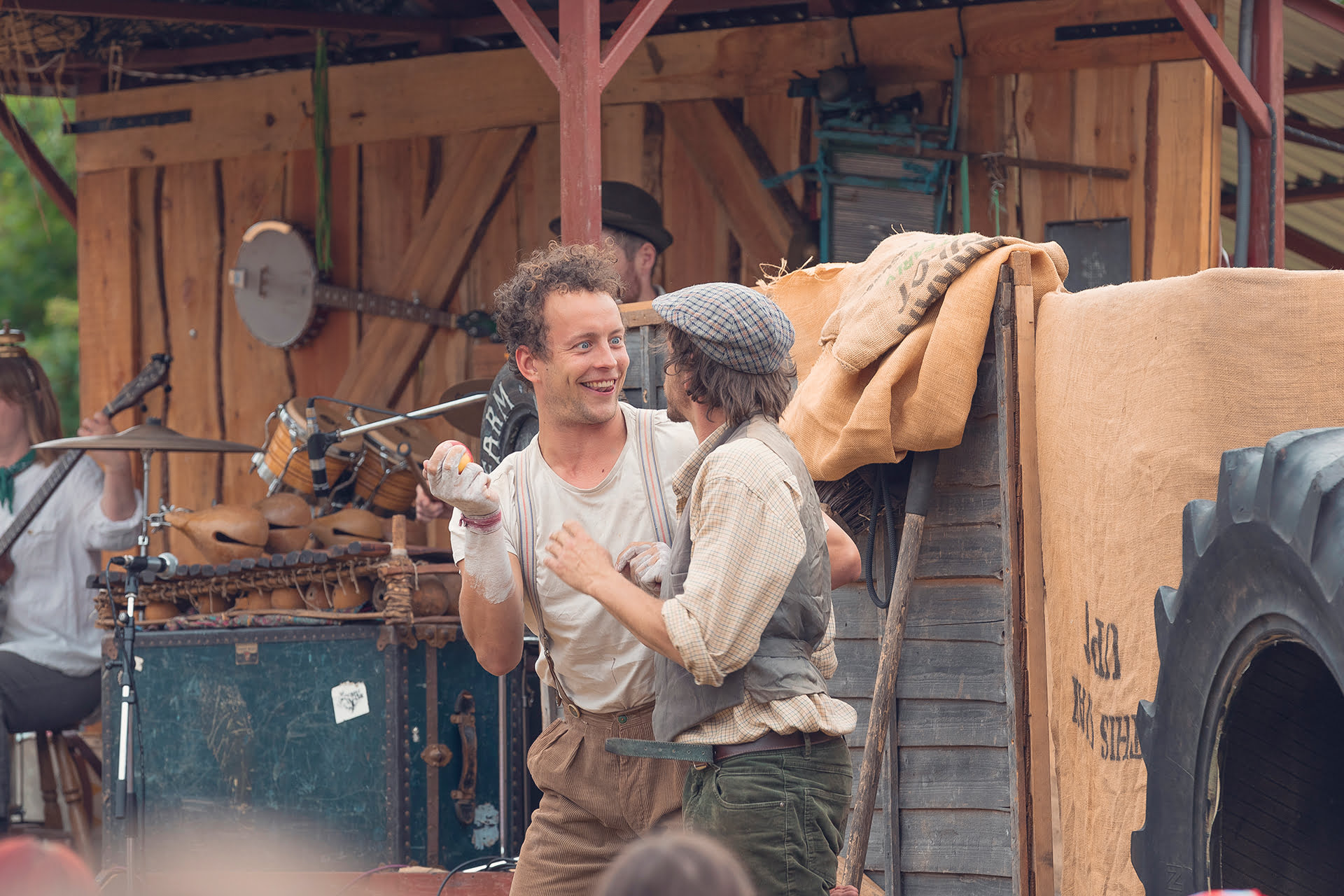 &#039;Farmyard Circus&#039; at the Revive Festival performing group acrobatics, juggling, theatre, and live music.