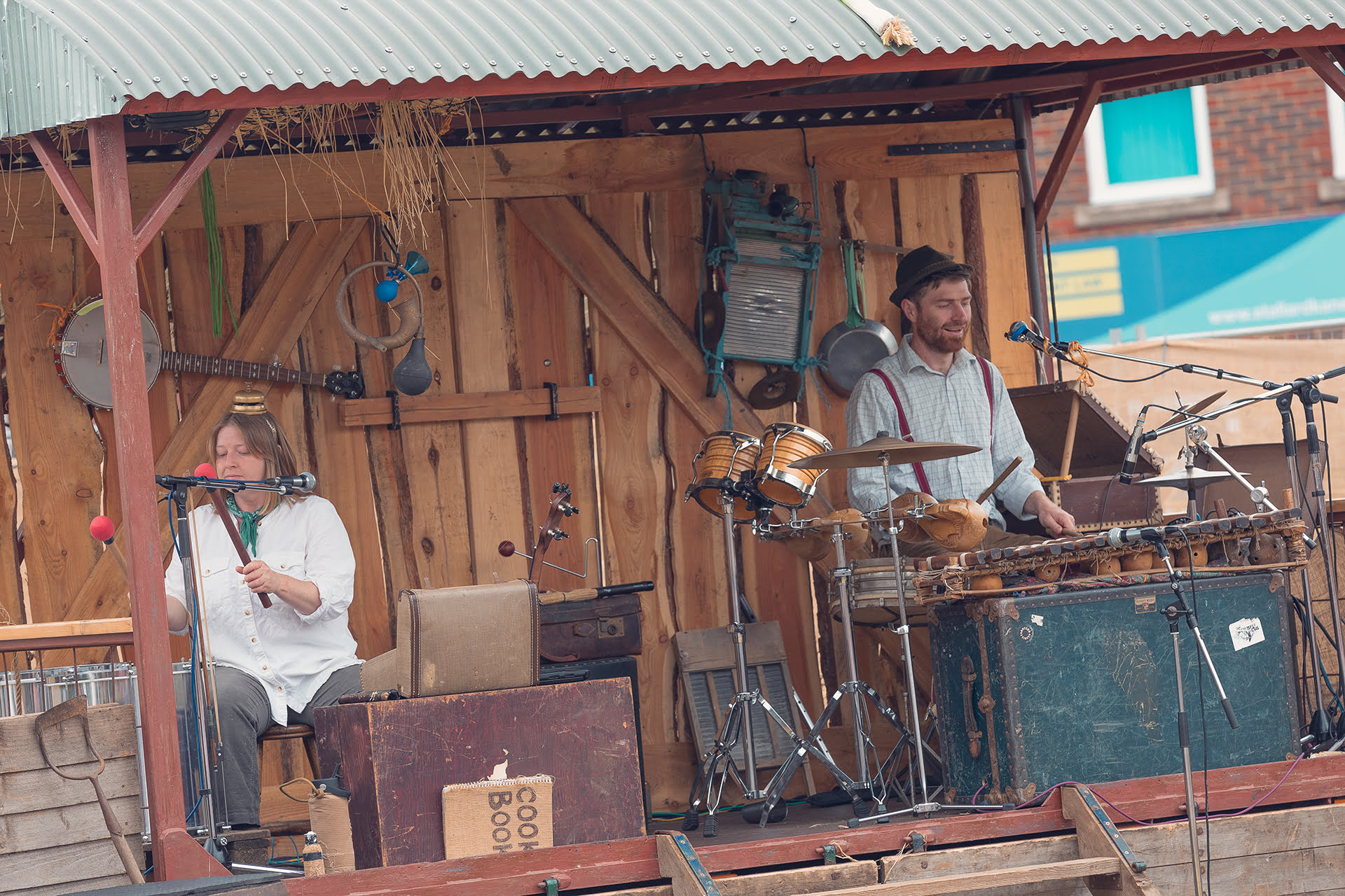 &#039;Farmyard Circus&#039; at the Revive Festival performing group acrobatics, juggling, theatre, and live music.