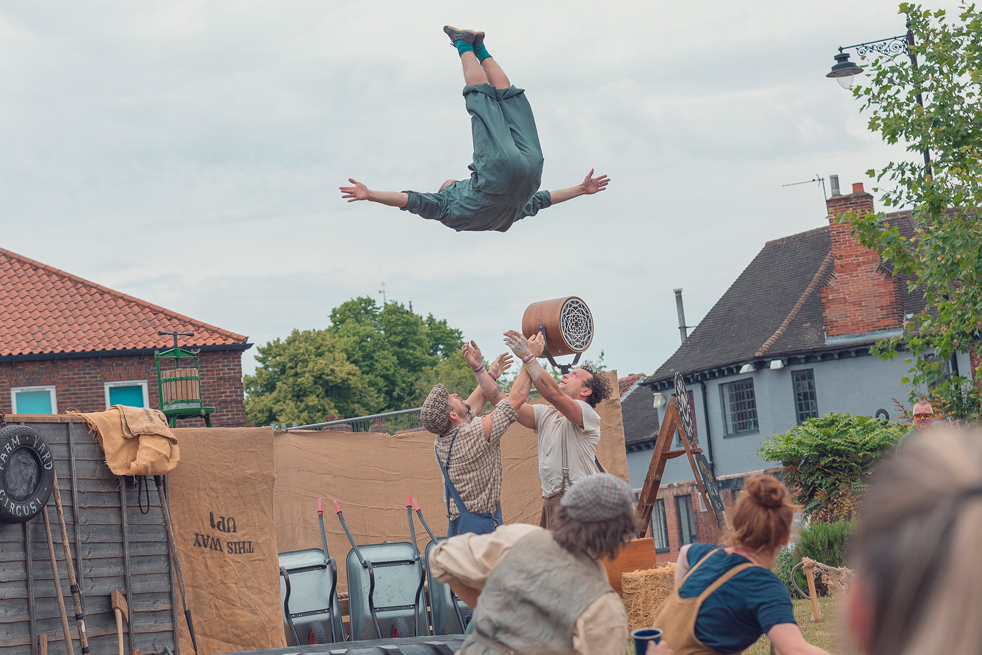 &#039;Farmyard Circus&#039; at the Revive Festival performing group acrobatics, juggling, theatre, and live music.