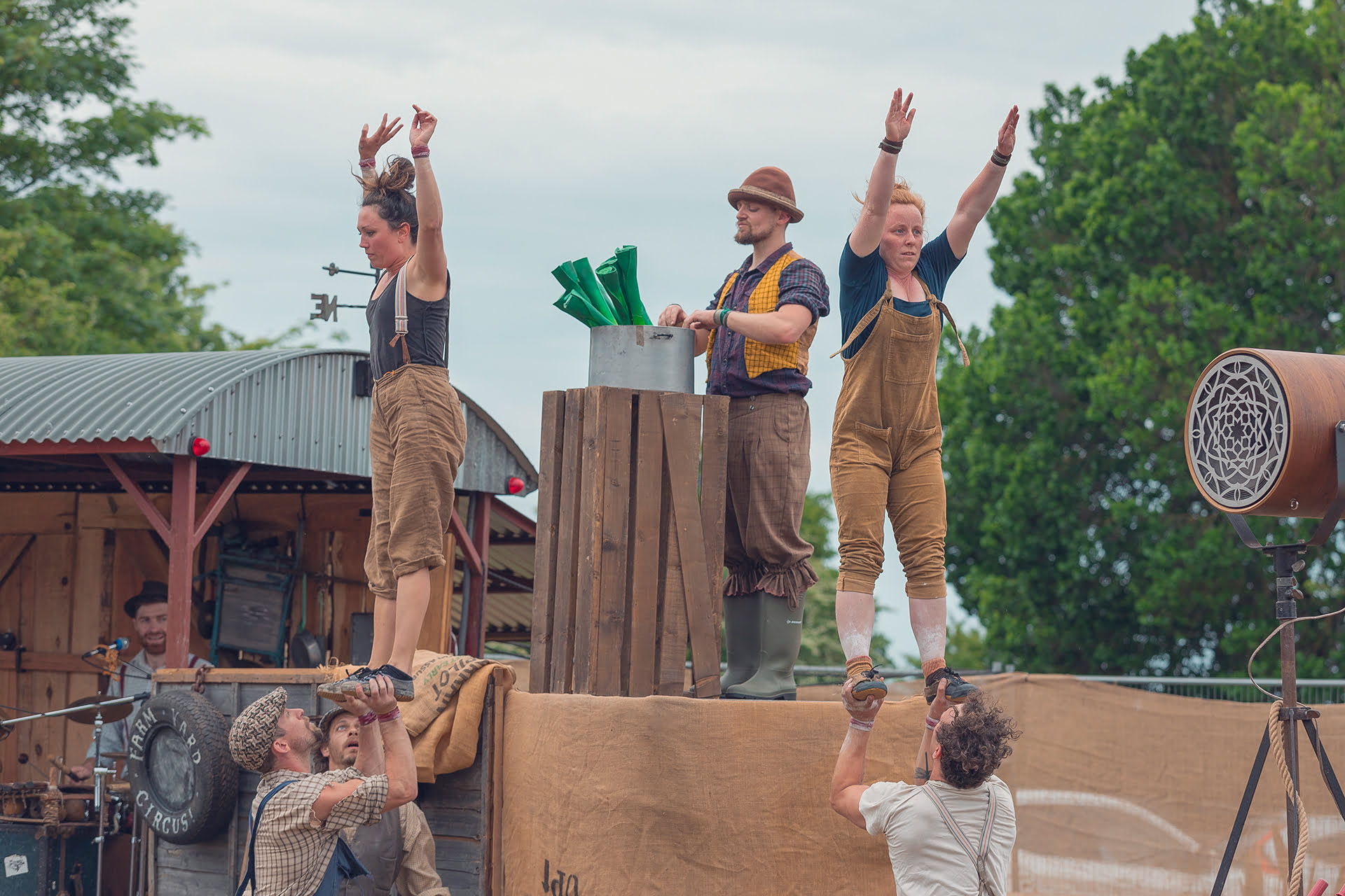 &#039;Farmyard Circus&#039; at the Revive Festival performing group acrobatics, juggling, theatre, and live music.