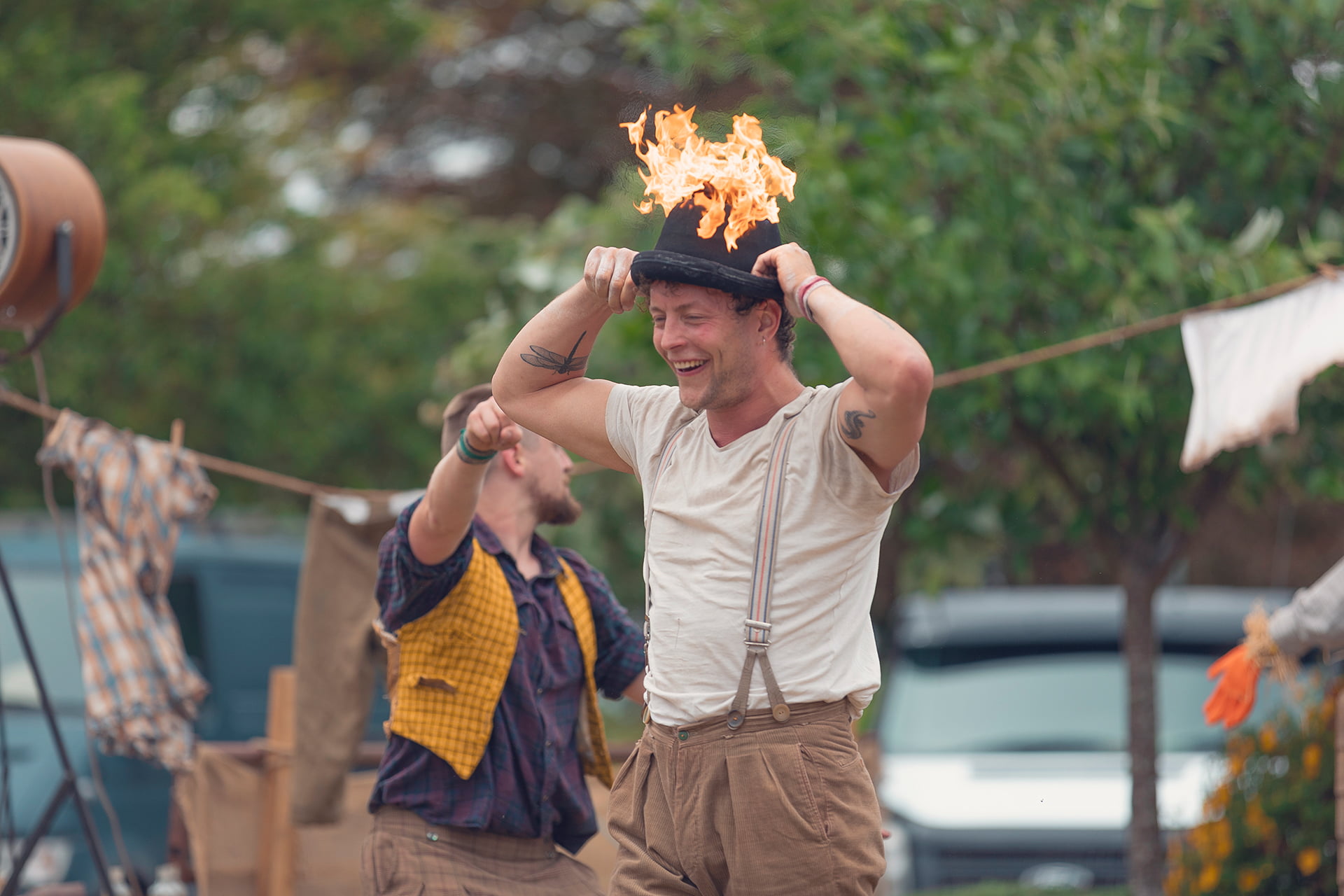 &#039;Farmyard Circus&#039; at the Revive Festival performing group acrobatics, juggling, theatre, and live music.