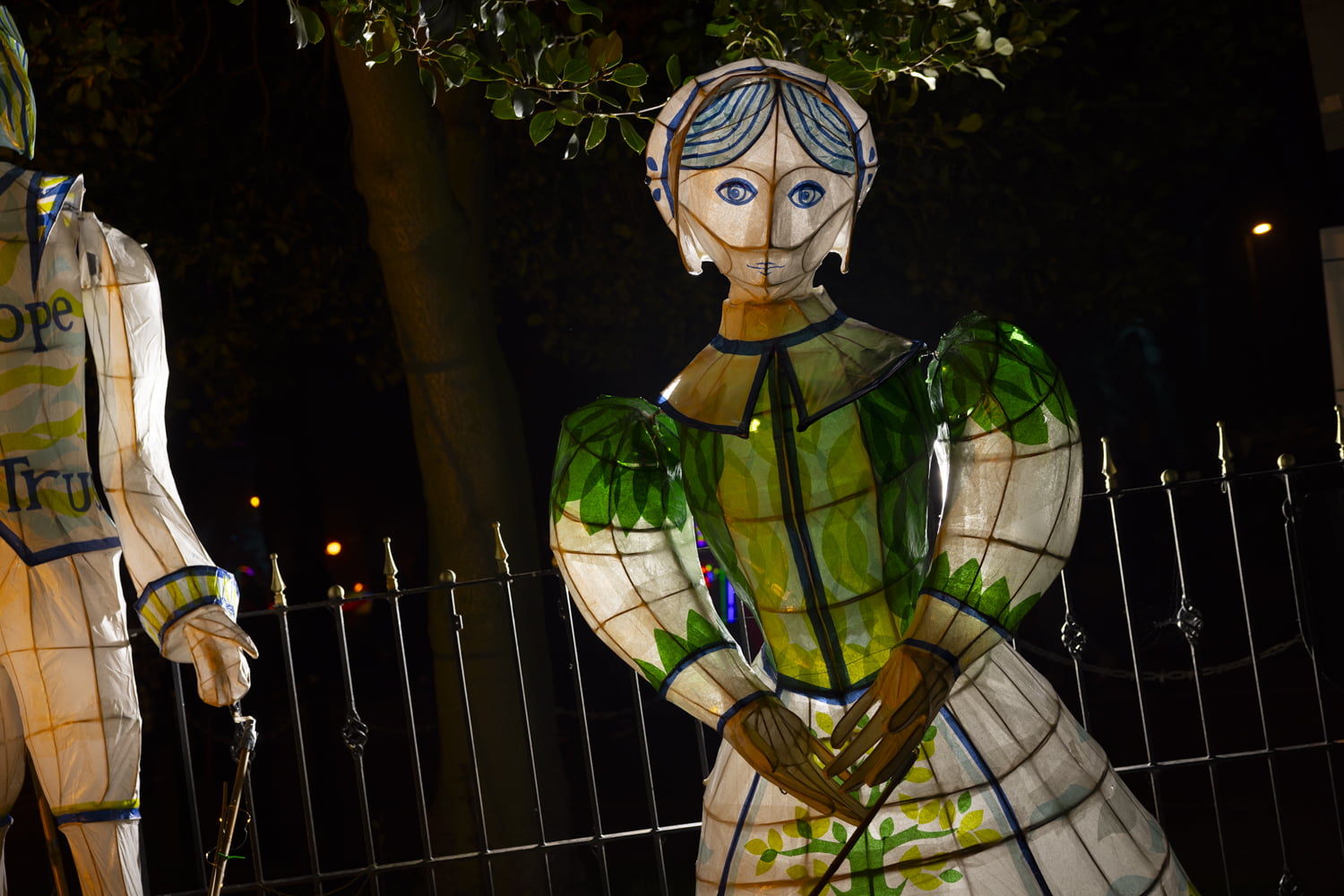 Large lantern of a pilgrim woman on display in the grounds of Gainsborough Old Hall.