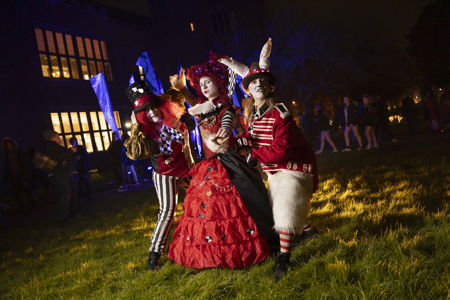 The Queen of Hearts, Mad Hatter and the Rabbit outside Gainsborough Old Hall.