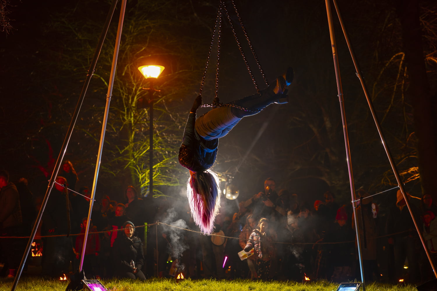 Aerial dance displays in the fire garden at Illuminate 2024.