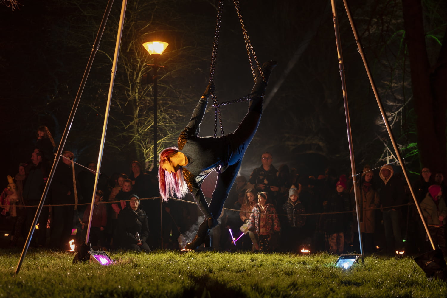 Aerial dance displays in the fire garden at Illuminate 2024.